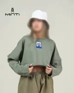 کراپ کثیف دوزی آستین بلند رنگ زیتونی بچگانه و نوجوان