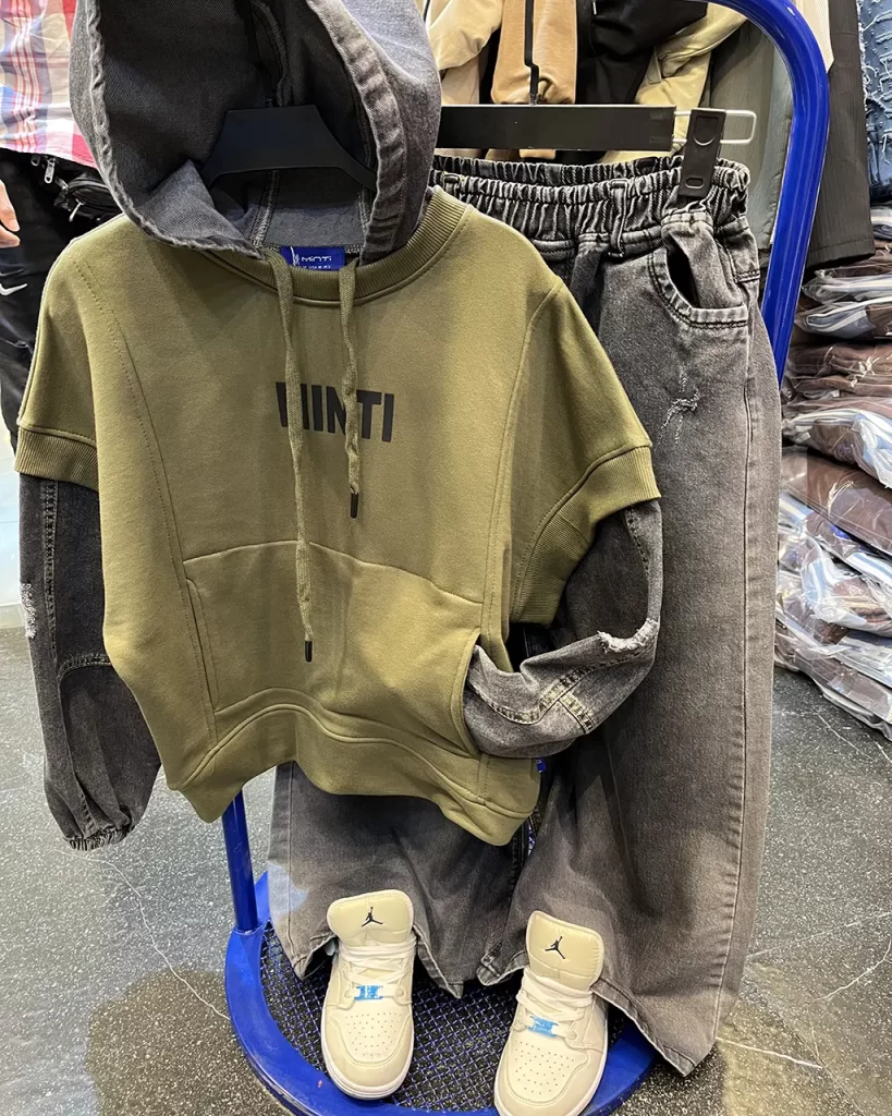 ست هودی شلوار جین رنگ زیتونی